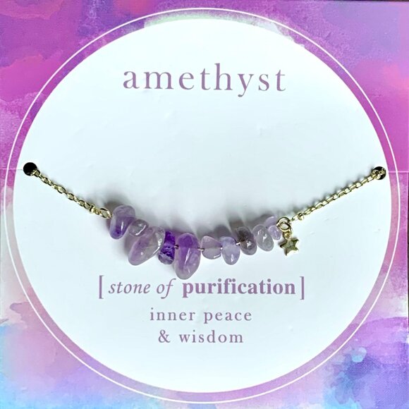 Amethyst Gemstone Beaded Star Charm 14K Gold Plate Adjustable Necklace New - Picture 1 of 4